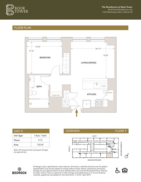 Unit O Floor Plan at Book Tower, Detroit, 48226